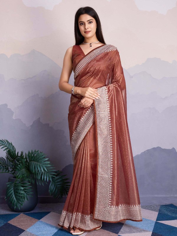 Red Brown Gold Infused Twill Net Saree